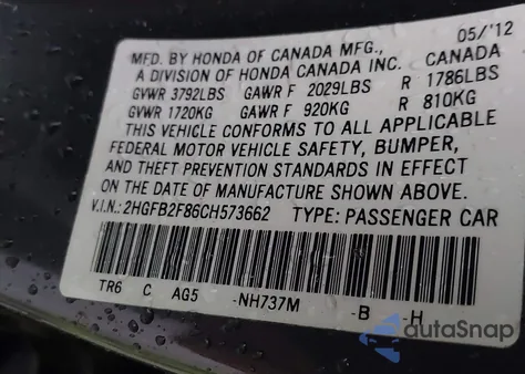 2012 Honda Civic Ex from USA, damaged, VIN 2HGFB2F86CH573662